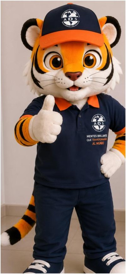 Mascota de la Escuela América del Sur: un tigre con uniforme y gorra de la escuela, saludando con el pulgar arriba.